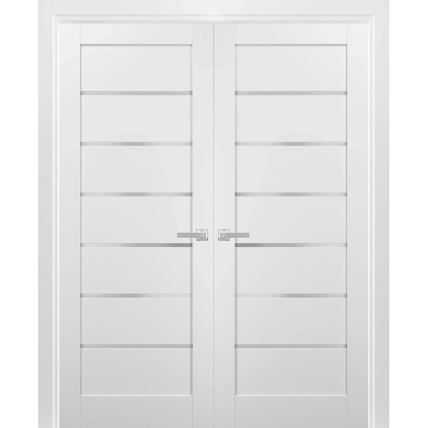 French Double Panel Lite Doors 48 x 80 with Hardware | Quadro 4117 White Silk with Frosted Opaque Glass | Panel Frame Trims | Bathroom Bedroom Interior Sturdy Door
