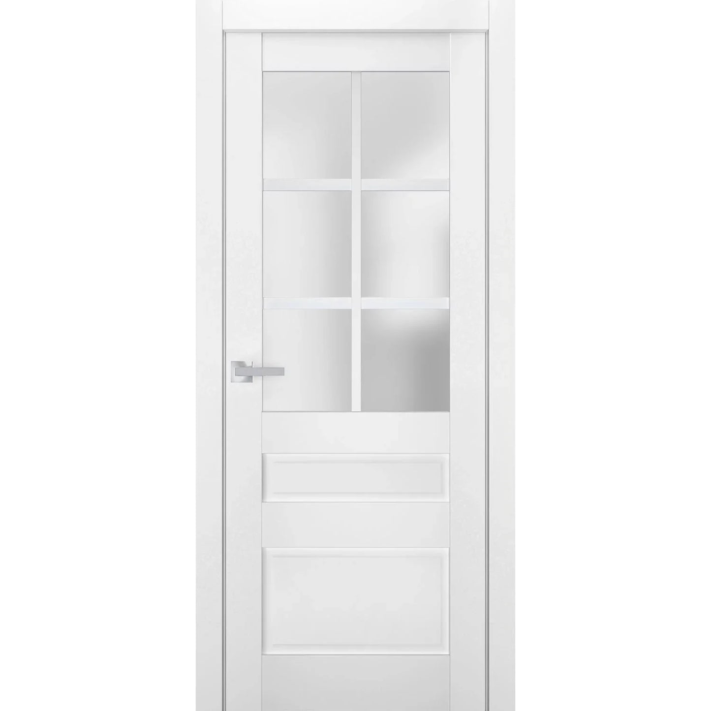 Interior Solid French Pre-Hung Door Frosted Glass | Veregio 7339 White Silk | Single Regular Panel Frame Trims Handle | Bathroom Bedroom Sturdy Doors -42" x 80"