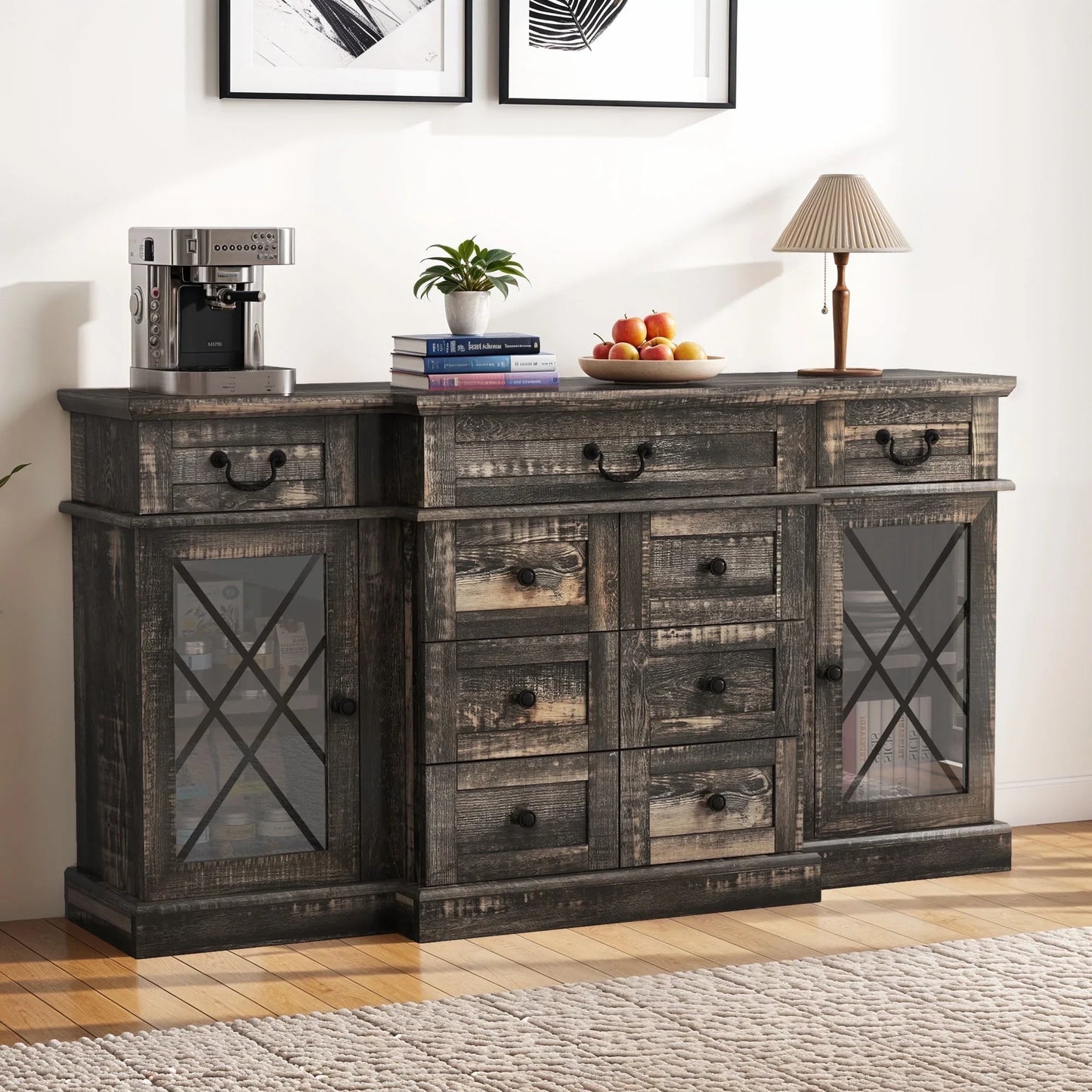 ModFusion Cabinet with 9 Drawers, Adjustable Shelves, Anti Tip, Glass Doors, Accent Storage, Hallway Console, Vintage Coffee Bar, Rustic Oak