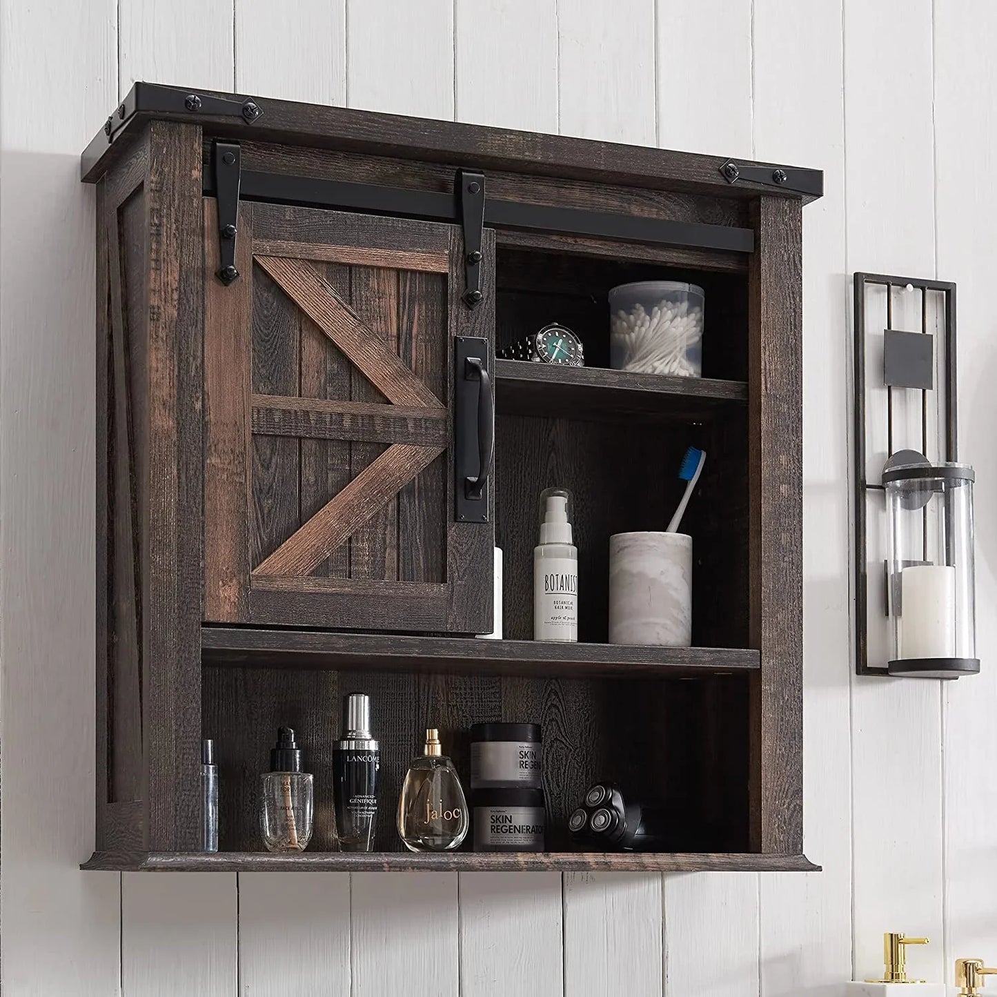 OKD Medicine Cabinet Storage Organizer Farmhouse Wall Mount Bathroom Cabinet with Door and 3-Shelves, Dark Rustic Oak
