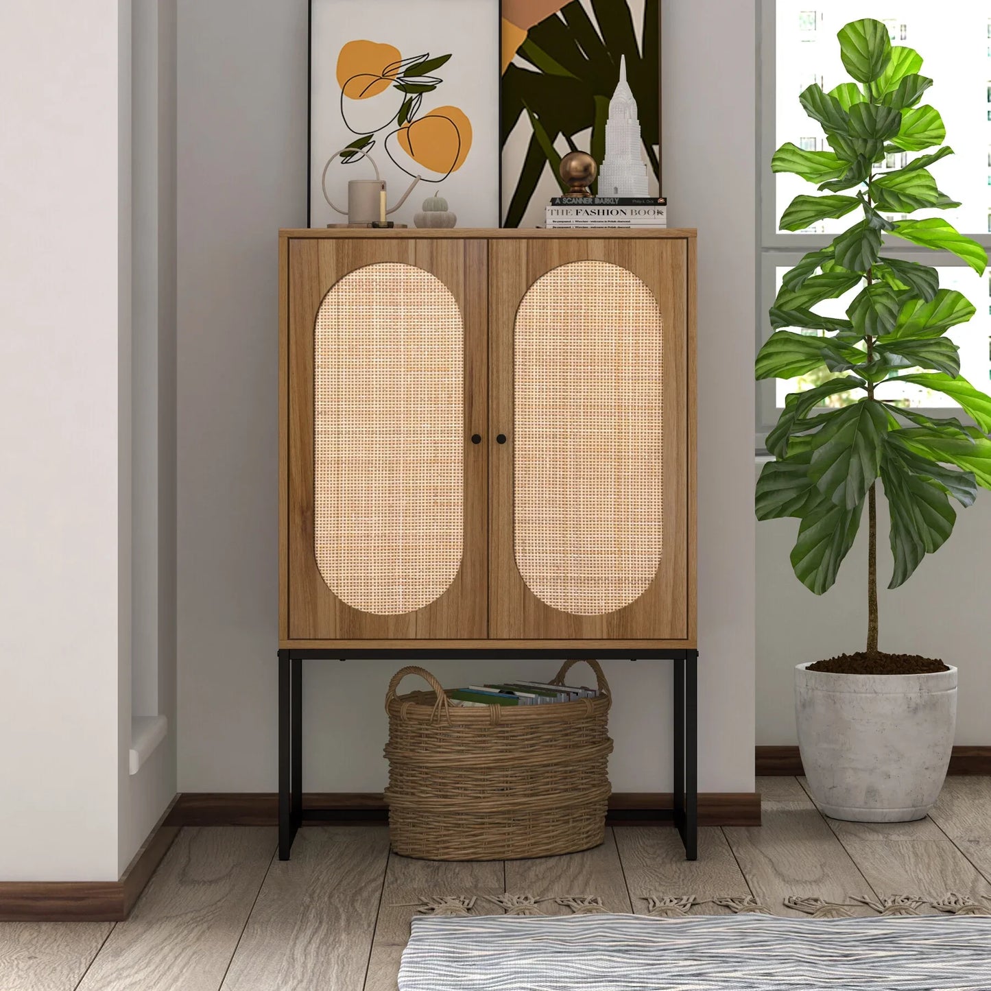Rattan High Cabinet with 2 Doors & Built-in Adjustable Shelf, Free Standing Cabinet, for Living Room, Dining Room, Bedroom, Easy Assembly, Walnut