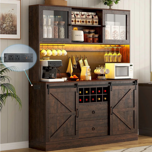 74" Farmhouse Kitchen Pantry Storage Cabinet with LED Light & Charging Station, 63" W Coffee Bar Cabinet Kitchen Cupboard with Hutch and Sliding Barn Doors, Pegboard