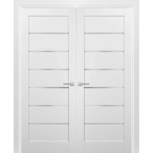 French Double Panel Lite Doors 48 x 80 with Hardware | Quadro 4117 White Silk with Frosted Opaque Glass | Panel Frame Trims | Bathroom Bedroom Interior Sturdy Door