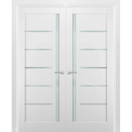 French Double Panel Lite Doors 60 x 80 with Hardware | Quadro 4088 White Silk with Frosted Opaque Glass | Panel Frame Trims | Bathroom Bedroom Interior Sturdy Door